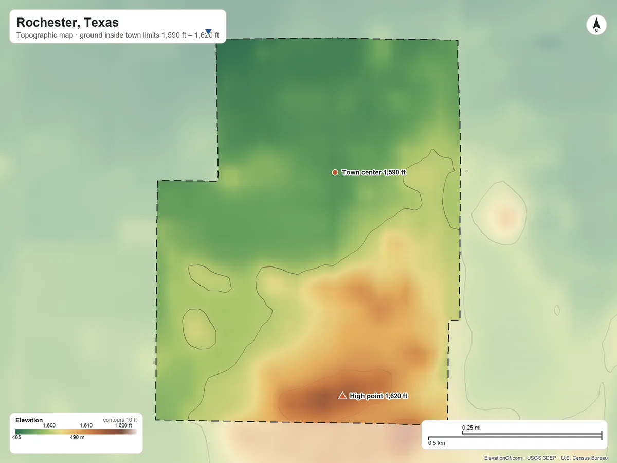 Topographic elevation map of Rochester, Texas, shaded from 1,590 ft on the northwest side to 1,620 ft on the south side