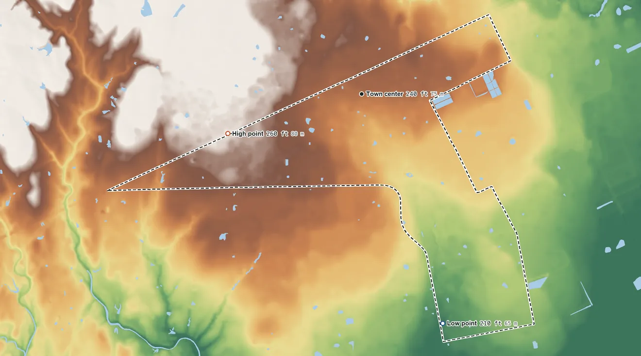 Topographic elevation map of Rock Island, Texas, shaded from 210 ft on the south side to 260 ft on the west side