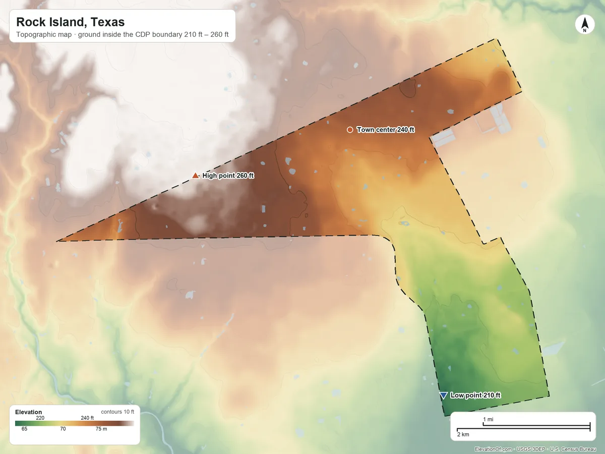 Topographic elevation map of Rock Island, Texas, shaded from 210 ft on the south side to 260 ft on the west side