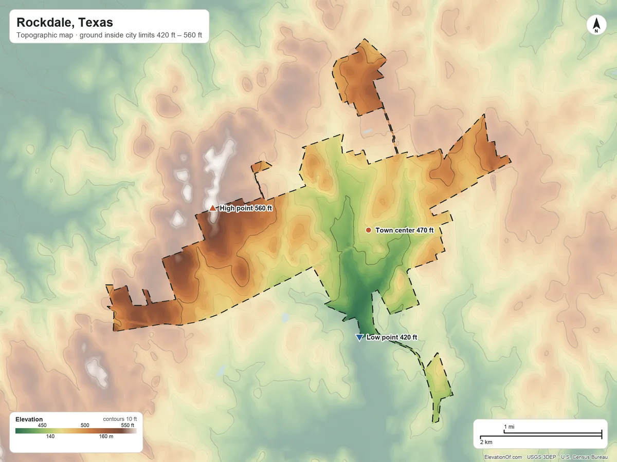 Topographic elevation map of Rockdale, Texas, shaded from 420 ft on the south side to 560 ft on the west side