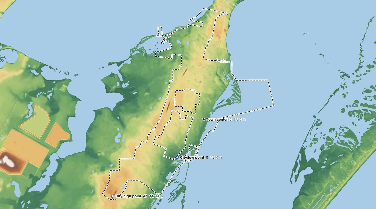 Topographic elevation map of Rockport, Texas, shaded from sea level level on Aransas Bay to 47 ft on the southwest side