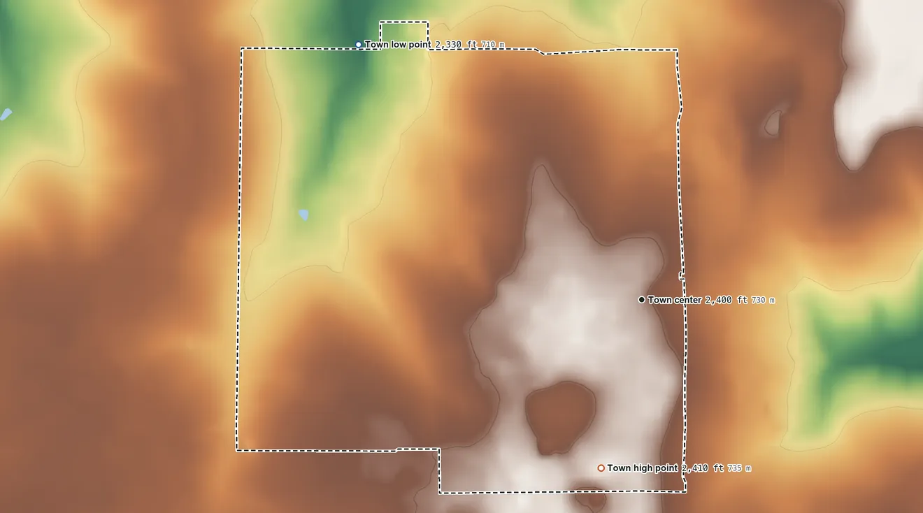 Topographic elevation map of Rocksprings, Texas, shaded from 2,330 ft on the northwest side to 2,410 ft on the south side