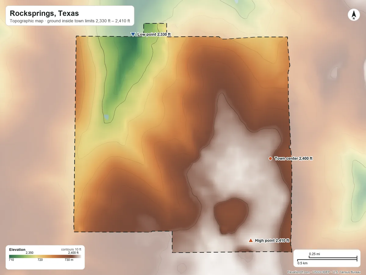 Topographic elevation map of Rocksprings, Texas, shaded from 2,330 ft on the northwest side to 2,410 ft on the south side