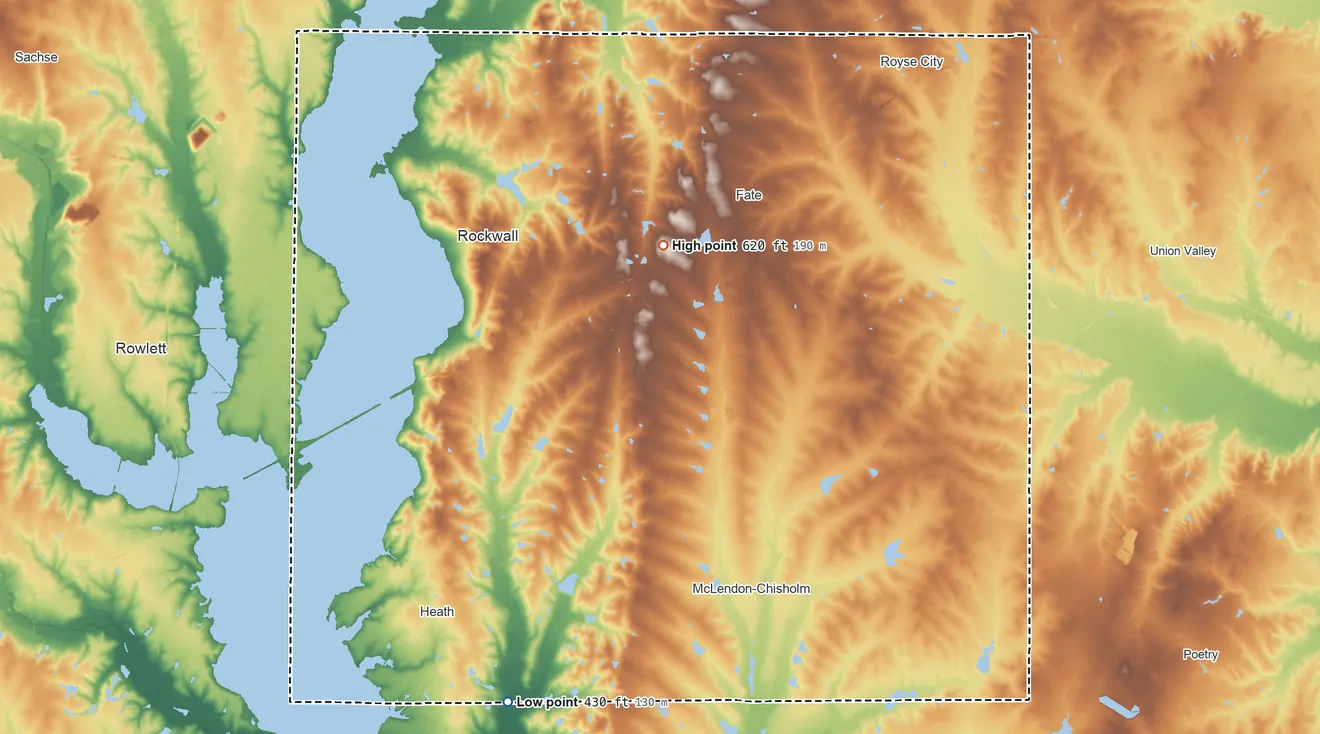 Topographic elevation map of Rockwall County, Texas, shaded from 430 ft on the southwest side to 620 ft on the north side