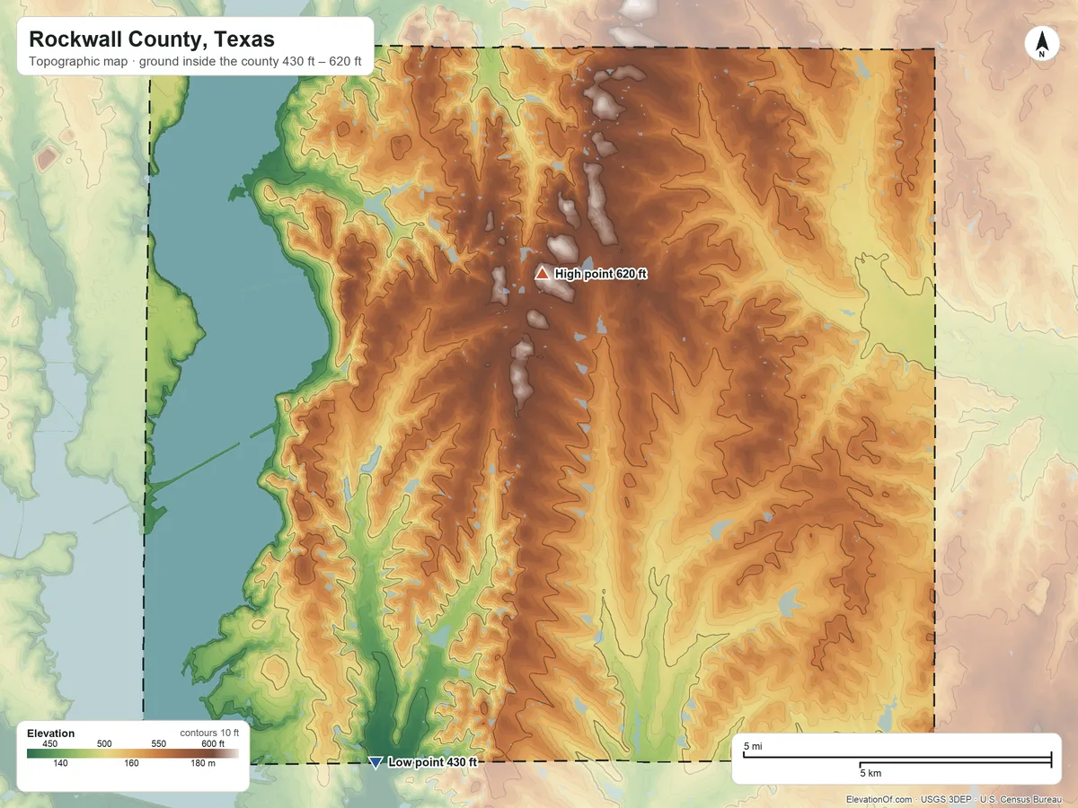 Topographic elevation map of Rockwall County, Texas, shaded from 430 ft on the southwest side to 620 ft on the north side