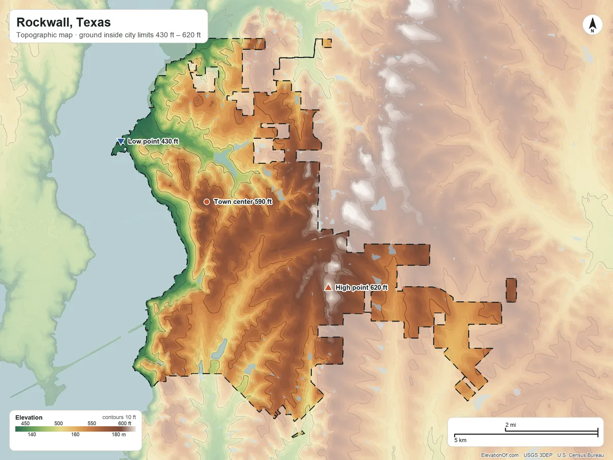Topographic elevation map of Rockwall, Texas, shaded from 430 ft on the northwest side to 620 ft on the southeast side