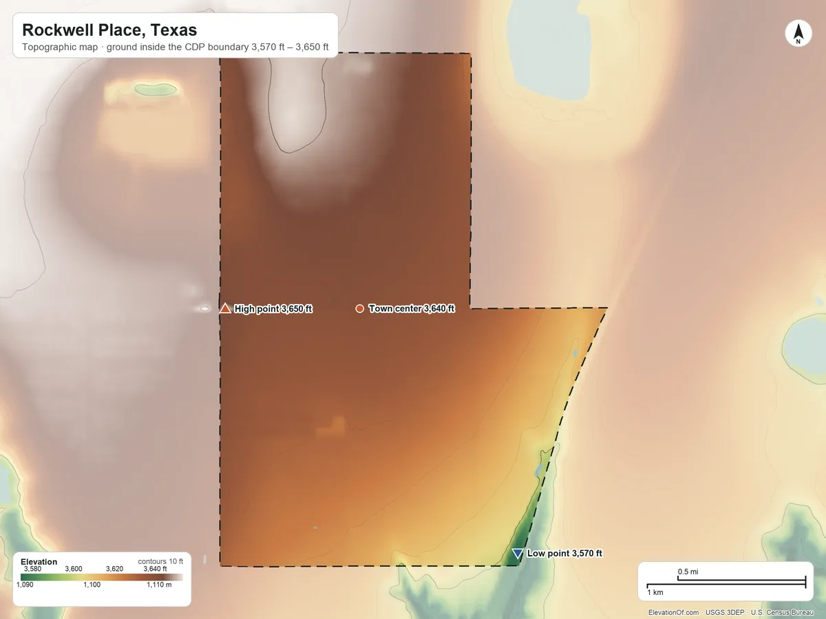 Topographic elevation map of Rockwell Place, Texas, shaded from 3,570 ft on the southeast side to 3,650 ft on the west side