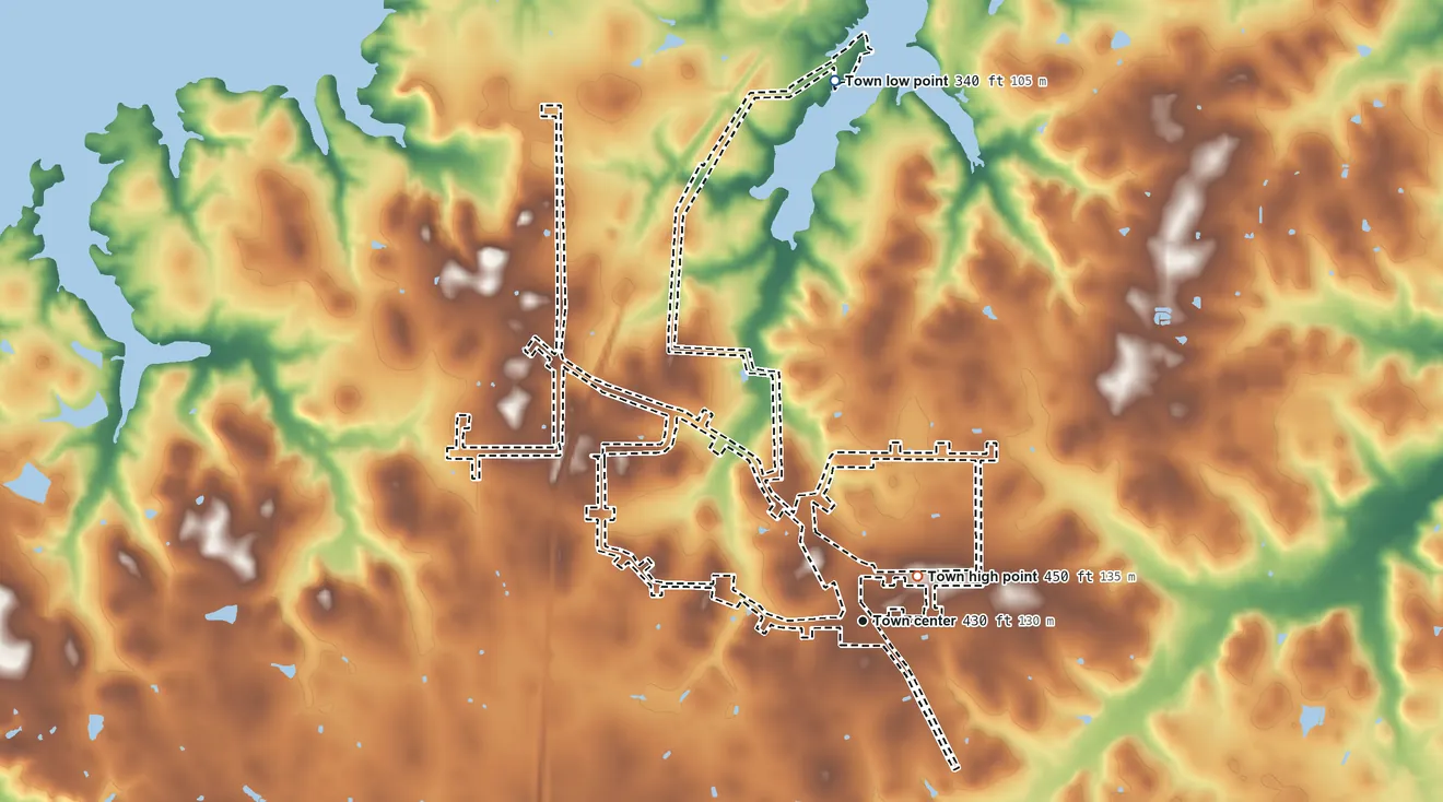 Topographic elevation map of Rocky Mound, Texas, shaded from 340 ft on the north side to 450 ft near the middle