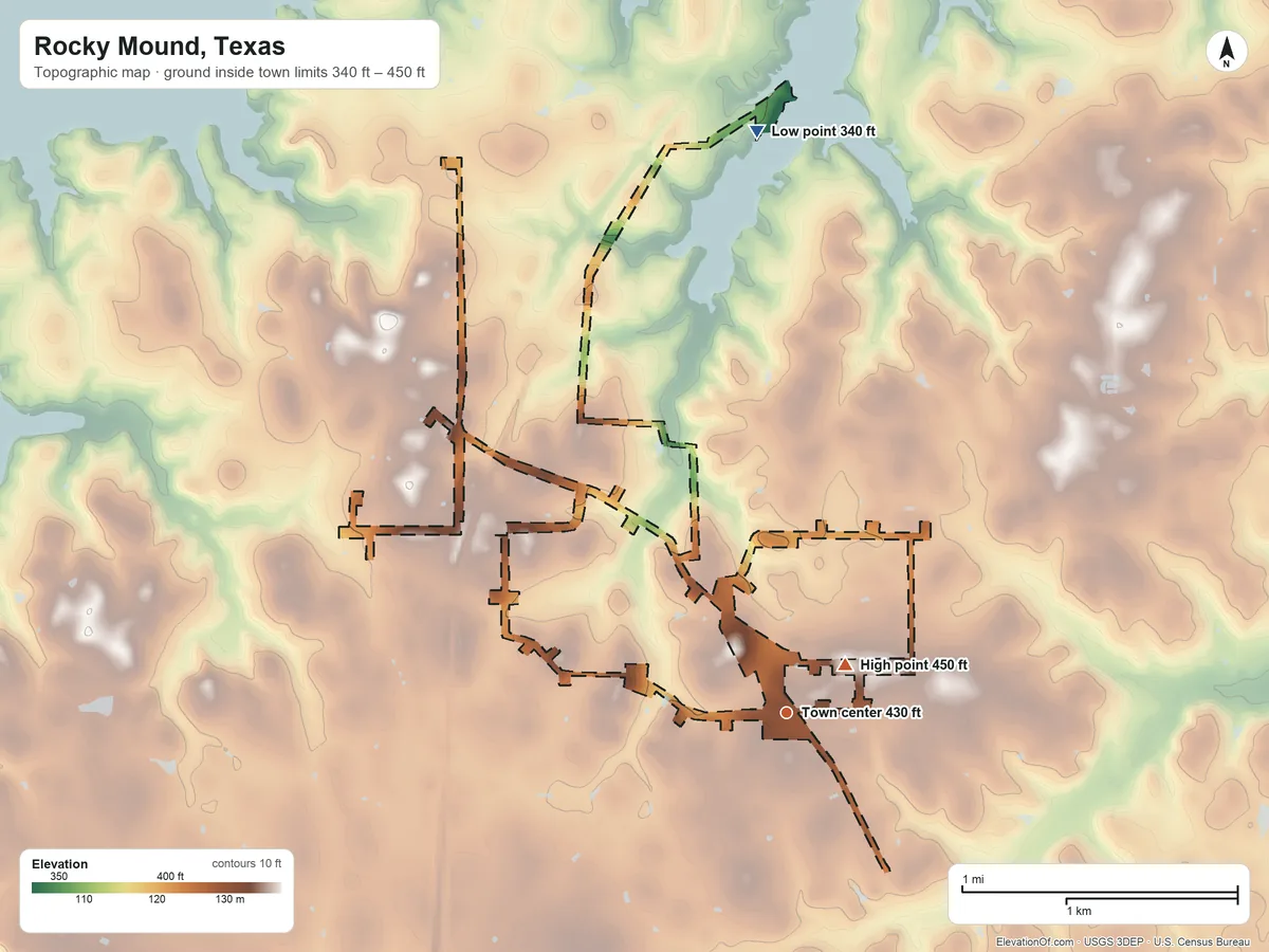 Topographic elevation map of Rocky Mound, Texas, shaded from 340 ft on the north side to 450 ft near the middle