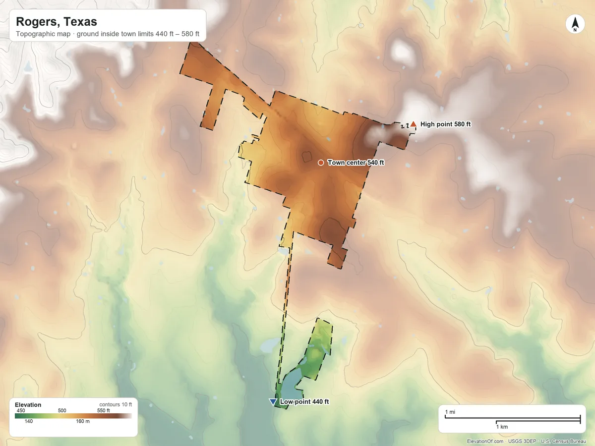 Topographic elevation map of Rogers, Texas, shaded from 440 ft on the south side to 580 ft on the northeast side