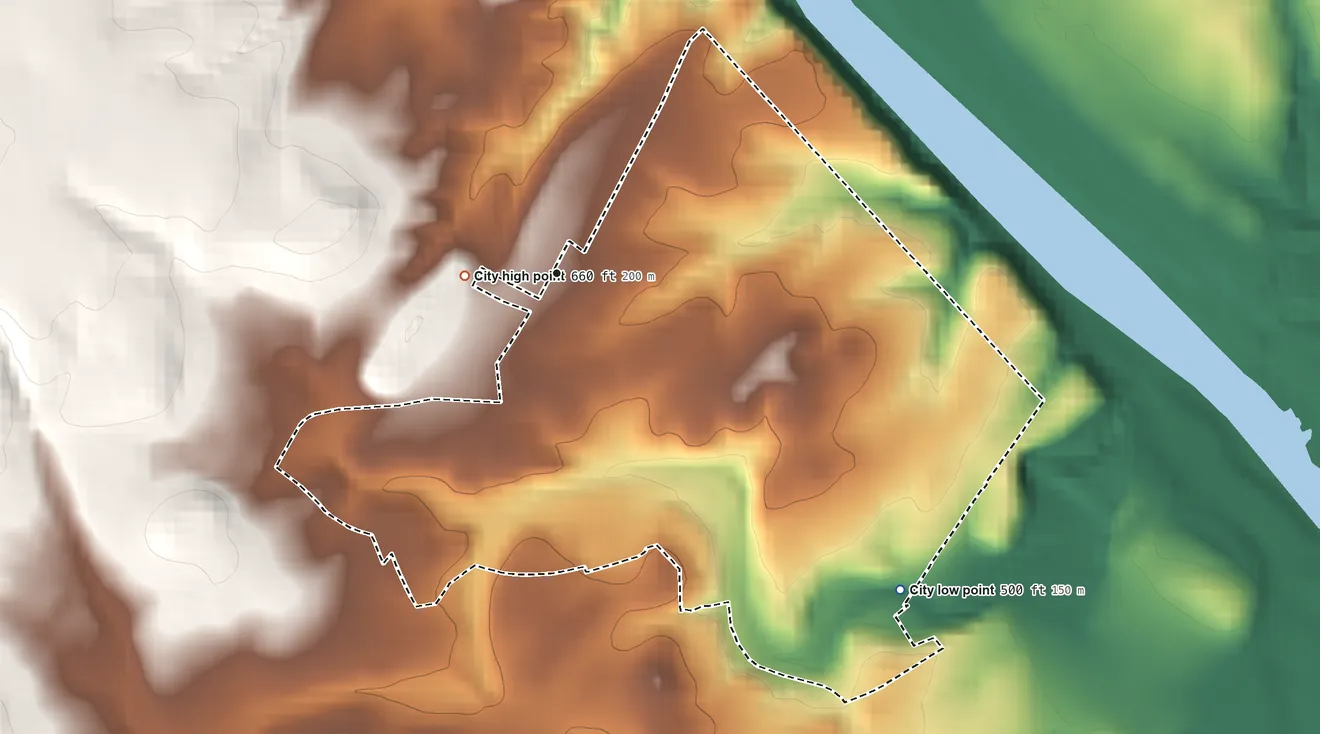 Topographic elevation map of Rollingwood, Texas, shaded from 500 ft on the southeast side to 660 ft near the middle