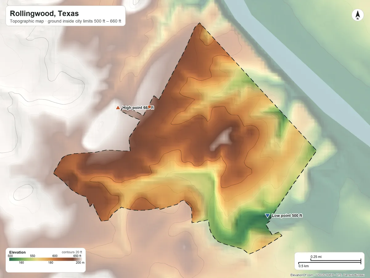 Topographic elevation map of Rollingwood, Texas, shaded from 500 ft on the southeast side to 660 ft near the middle