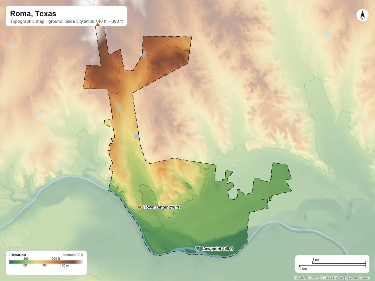 Topographic elevation map of Roma, Texas, shaded from 140 ft on the southeast side to 390 ft on the north side