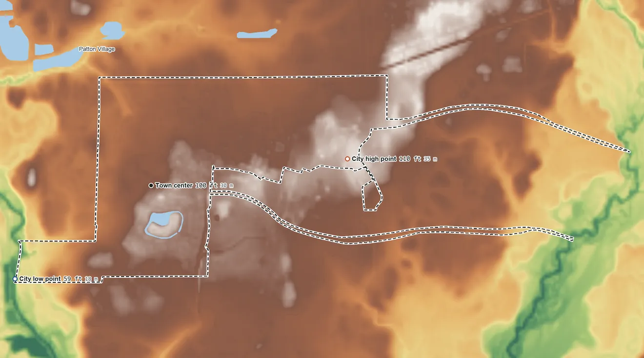 Topographic elevation map of Roman Forest, Texas, shaded from 59 ft on the southwest side to 110 ft on the east side