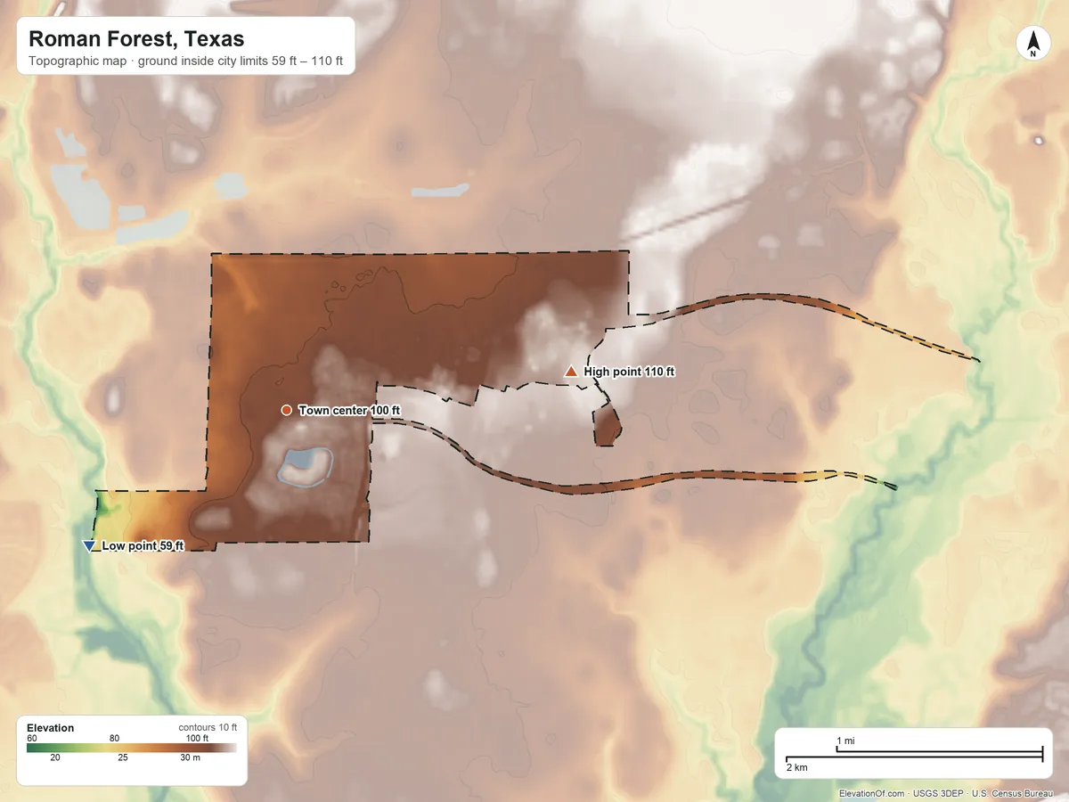 Topographic elevation map of Roman Forest, Texas, shaded from 59 ft on the southwest side to 110 ft on the east side