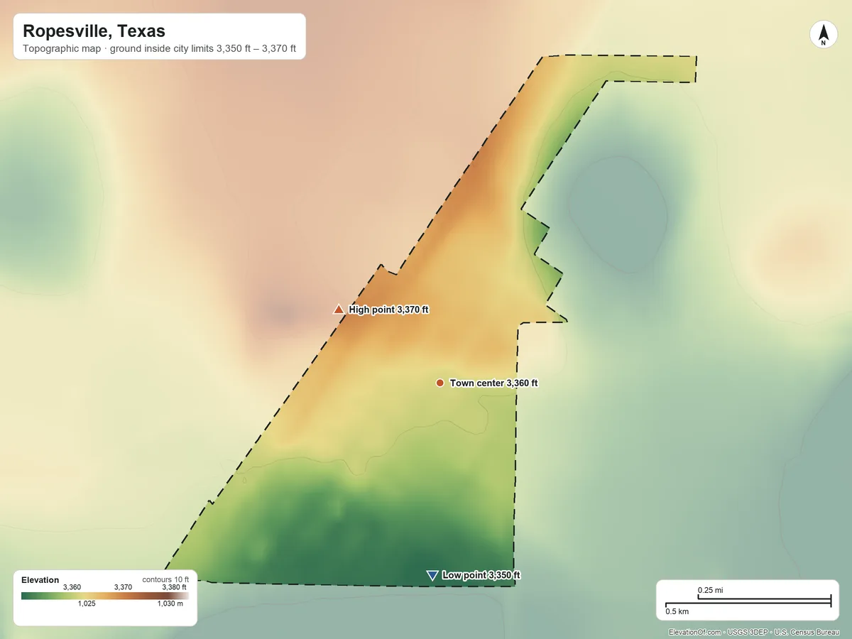 Topographic elevation map of Ropesville, Texas, shaded from 3,350 ft on the south side to 3,370 ft on the northwest side
