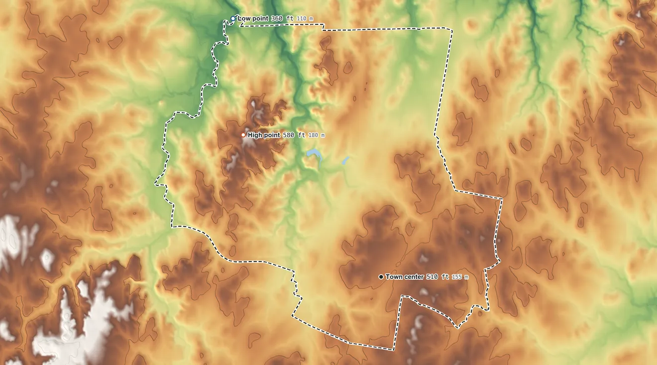 Topographic elevation map of Rosanky, Texas, shaded from 360 ft on the northwest side to 580 ft on High Point