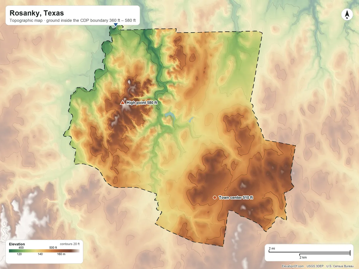Topographic elevation map of Rosanky, Texas, shaded from 360 ft on the northwest side to 580 ft on High Point