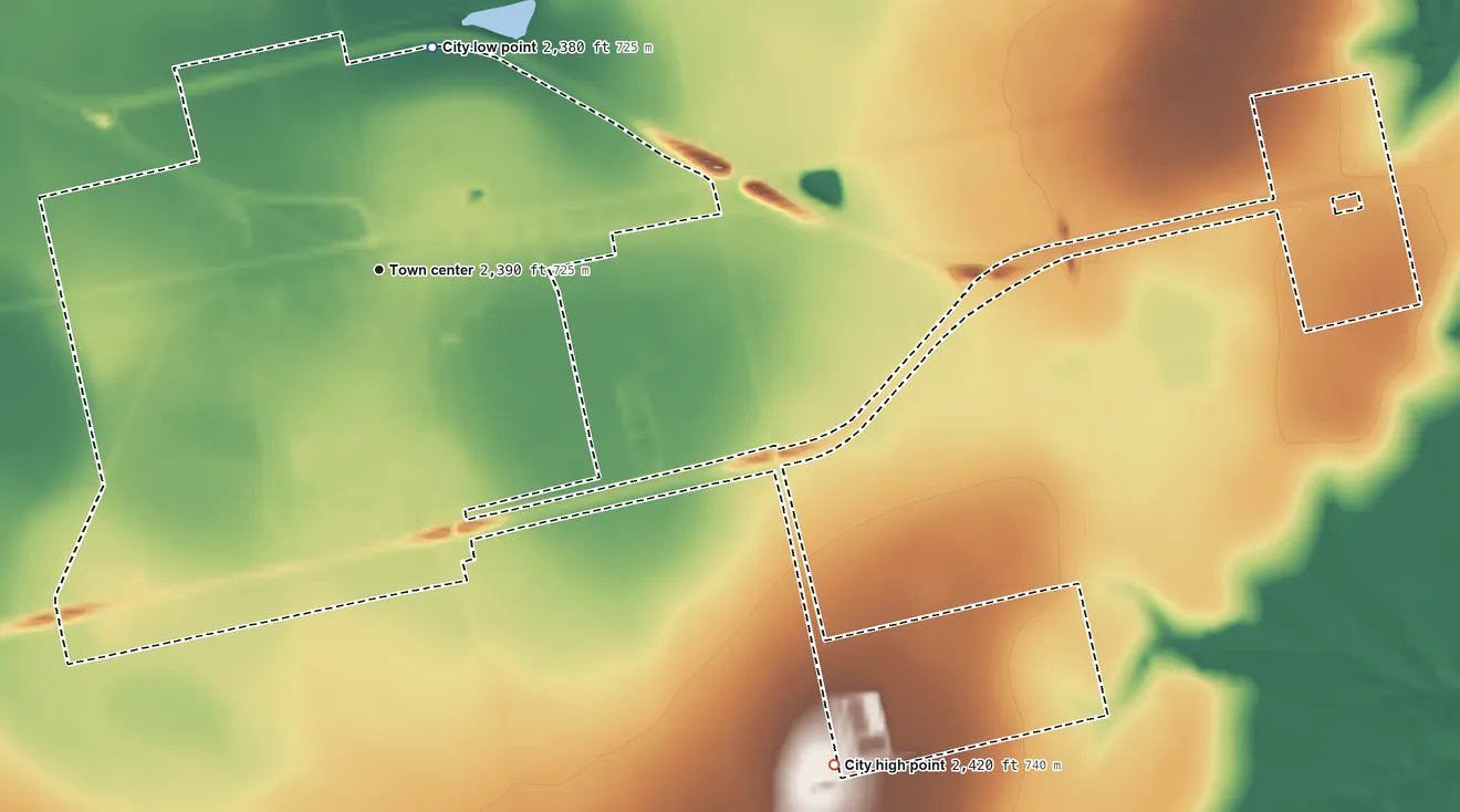 Topographic elevation map of Roscoe, Texas, shaded from 2,380 ft on the north side to 2,420 ft on the southeast side