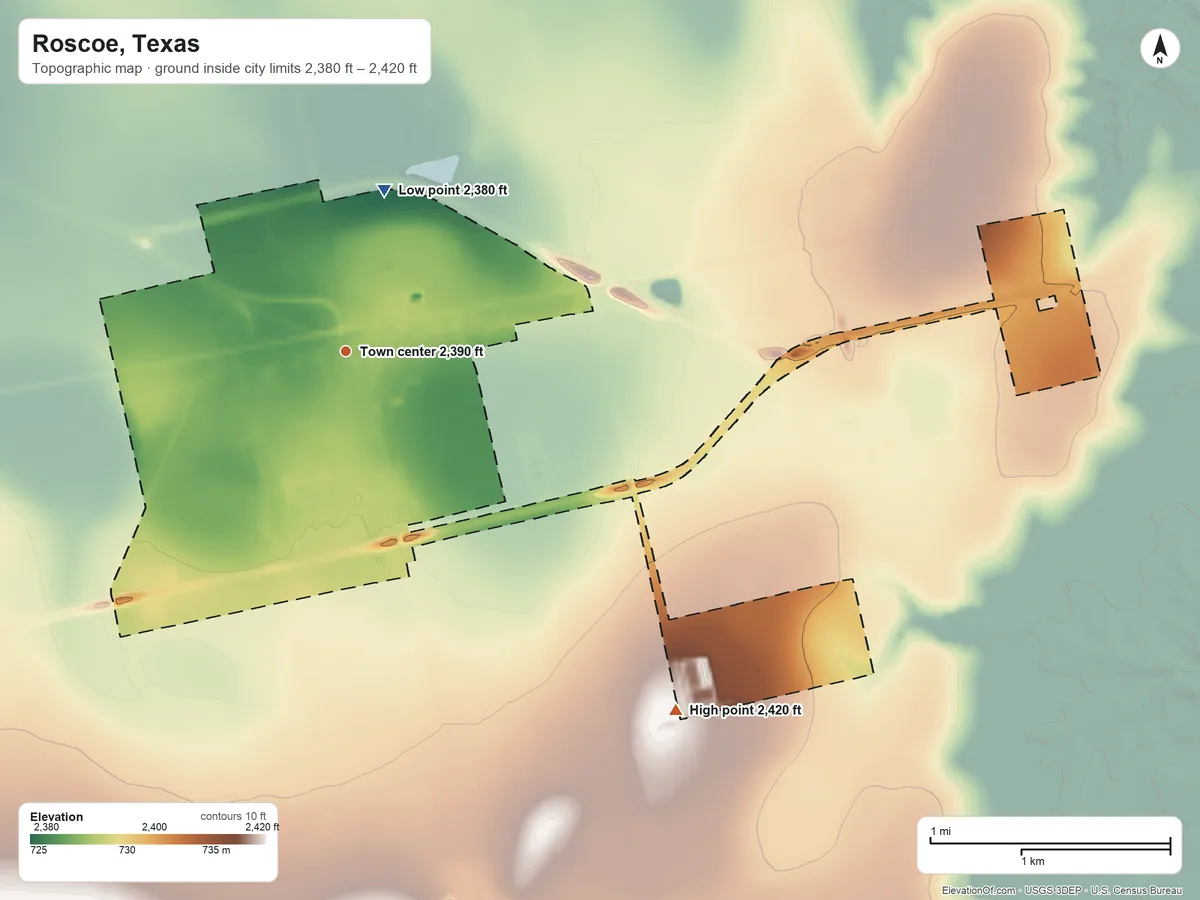 Topographic elevation map of Roscoe, Texas, shaded from 2,380 ft on the north side to 2,420 ft on the southeast side
