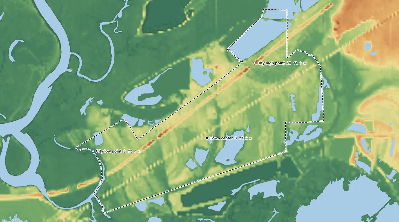 Topographic elevation map of Rose City, Texas, shaded from 0 ft on the west side to 28 ft on the northeast side