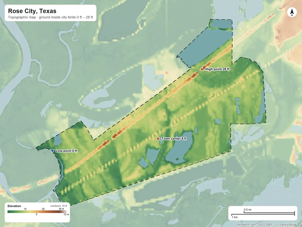 Topographic elevation map of Rose City, Texas, shaded from 0 ft on the west side to 28 ft on the northeast side