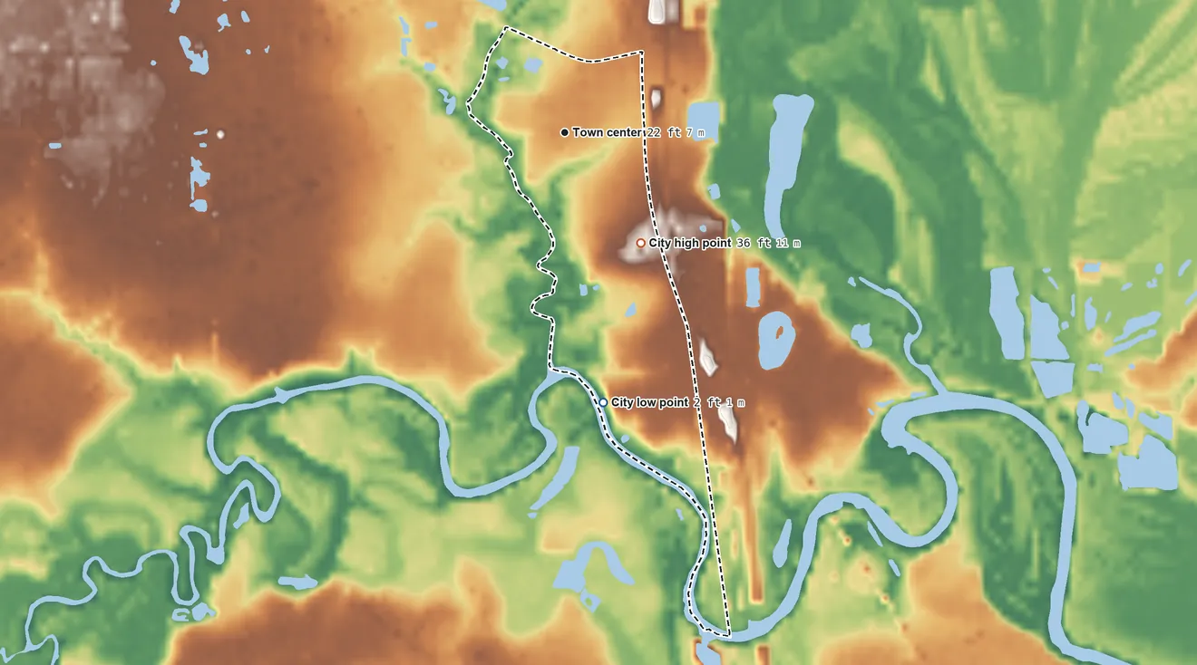 Topographic elevation map of Rose Hill Acres, Texas, shaded from 2 ft on the south side to 36 ft on the southeast side