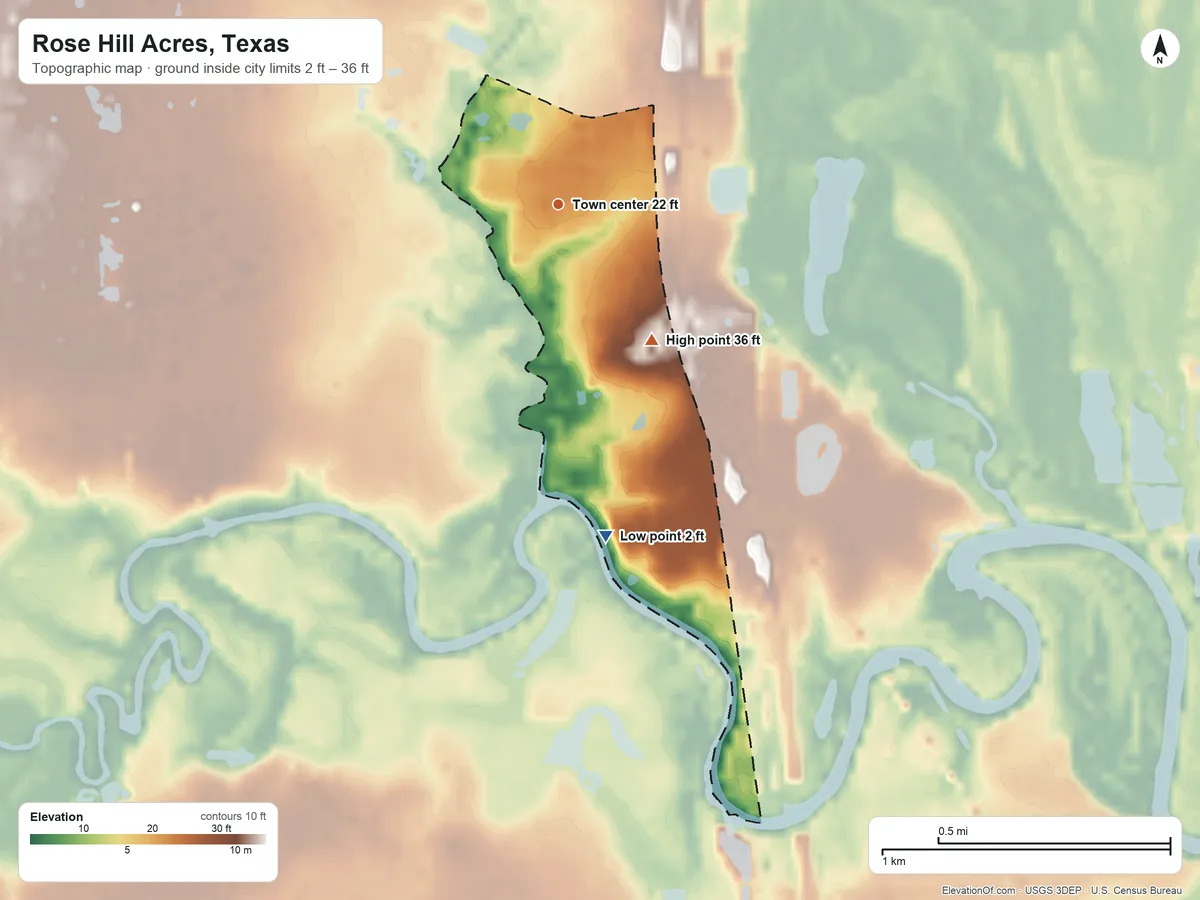 Topographic elevation map of Rose Hill Acres, Texas, shaded from 2 ft on the south side to 36 ft on the southeast side
