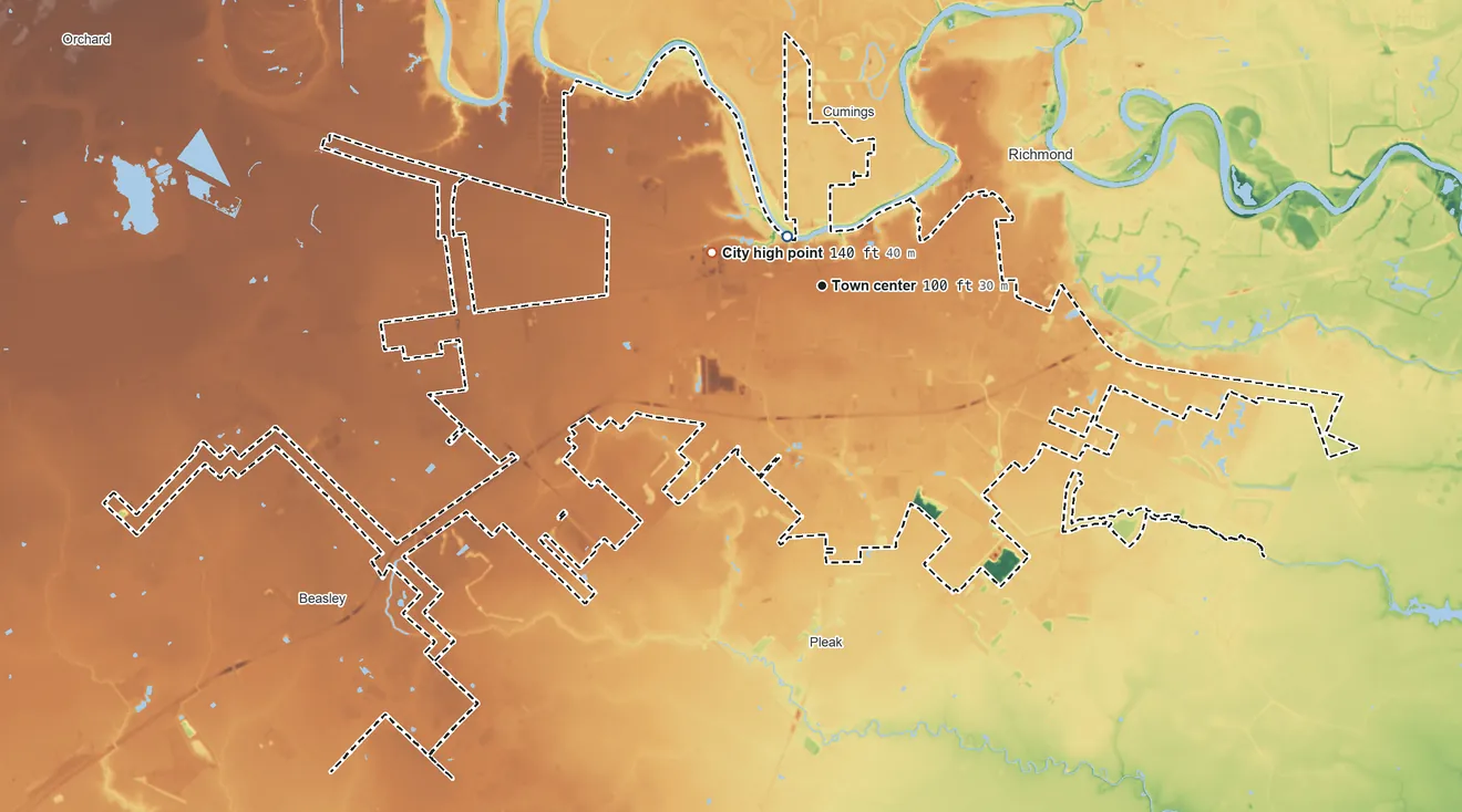 Topographic elevation map of Rosenberg, Texas, shaded from 45 ft near the middle to 140 ft near the middle