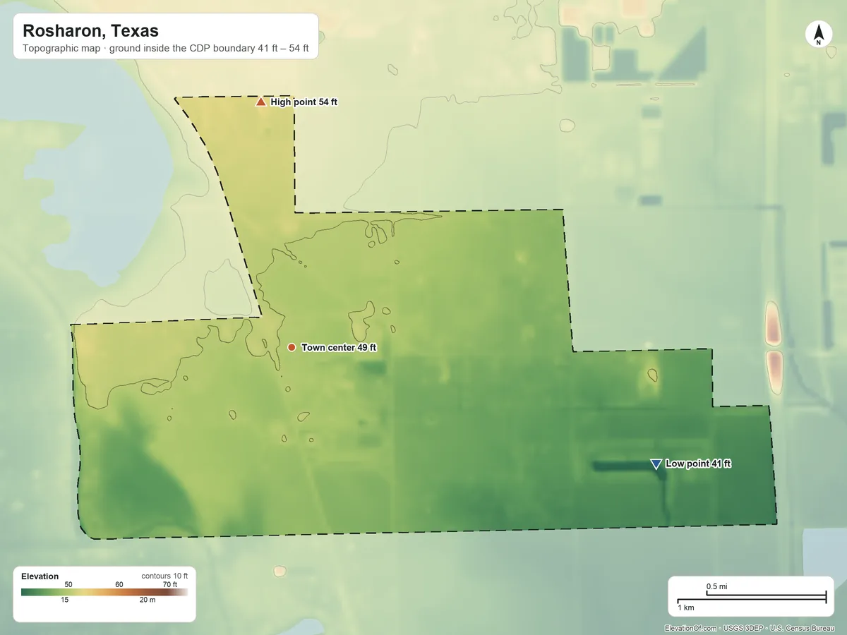 Topographic elevation map of Rosharon, Texas, shaded from 41 ft on the east side to 54 ft on the north side