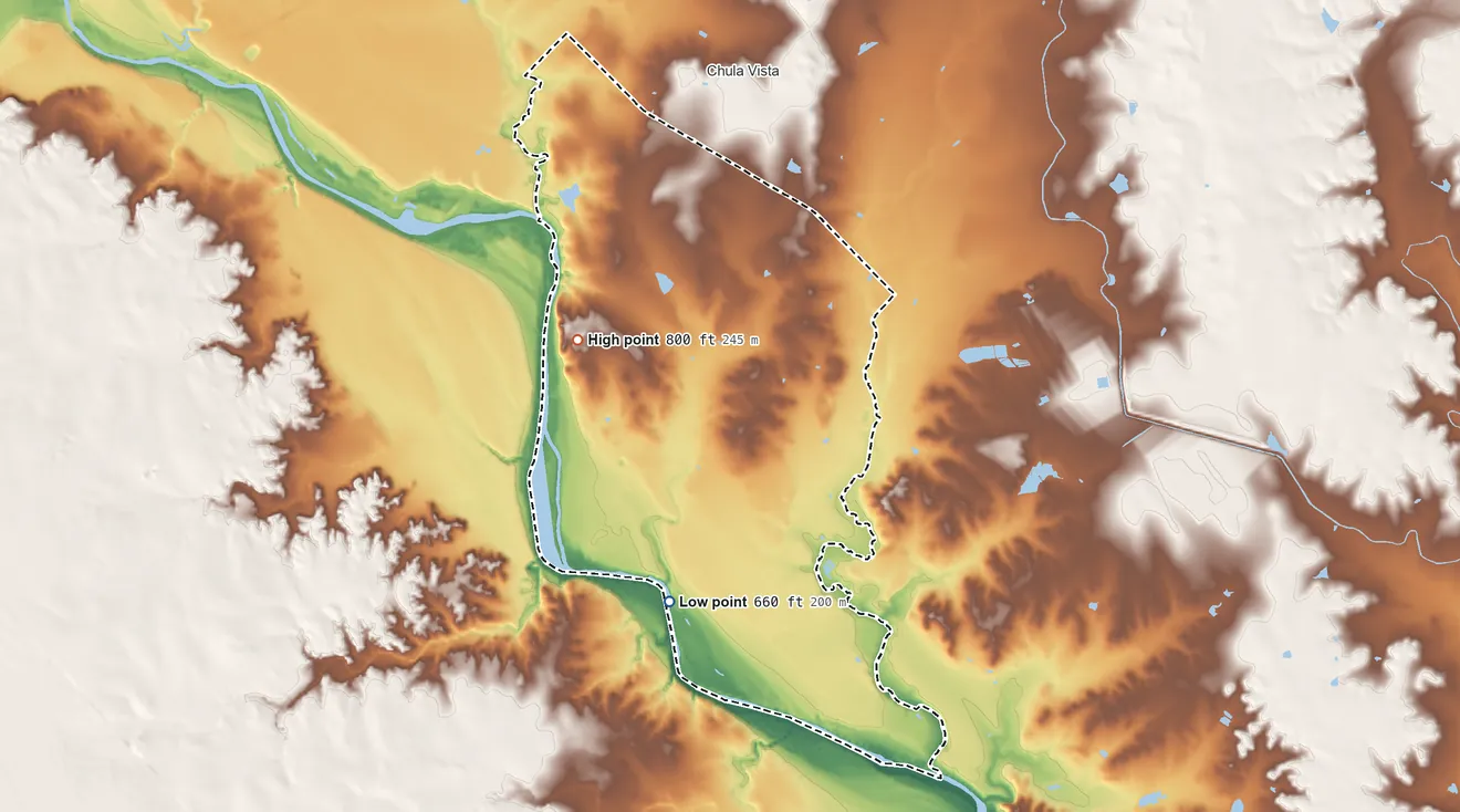 Topographic elevation map of Rosita, Texas, shaded from 660 ft on the south side to 800 ft on the west side