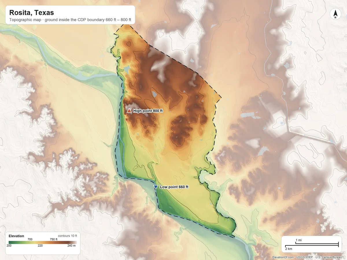 Topographic elevation map of Rosita, Texas, shaded from 660 ft on the south side to 800 ft on the west side