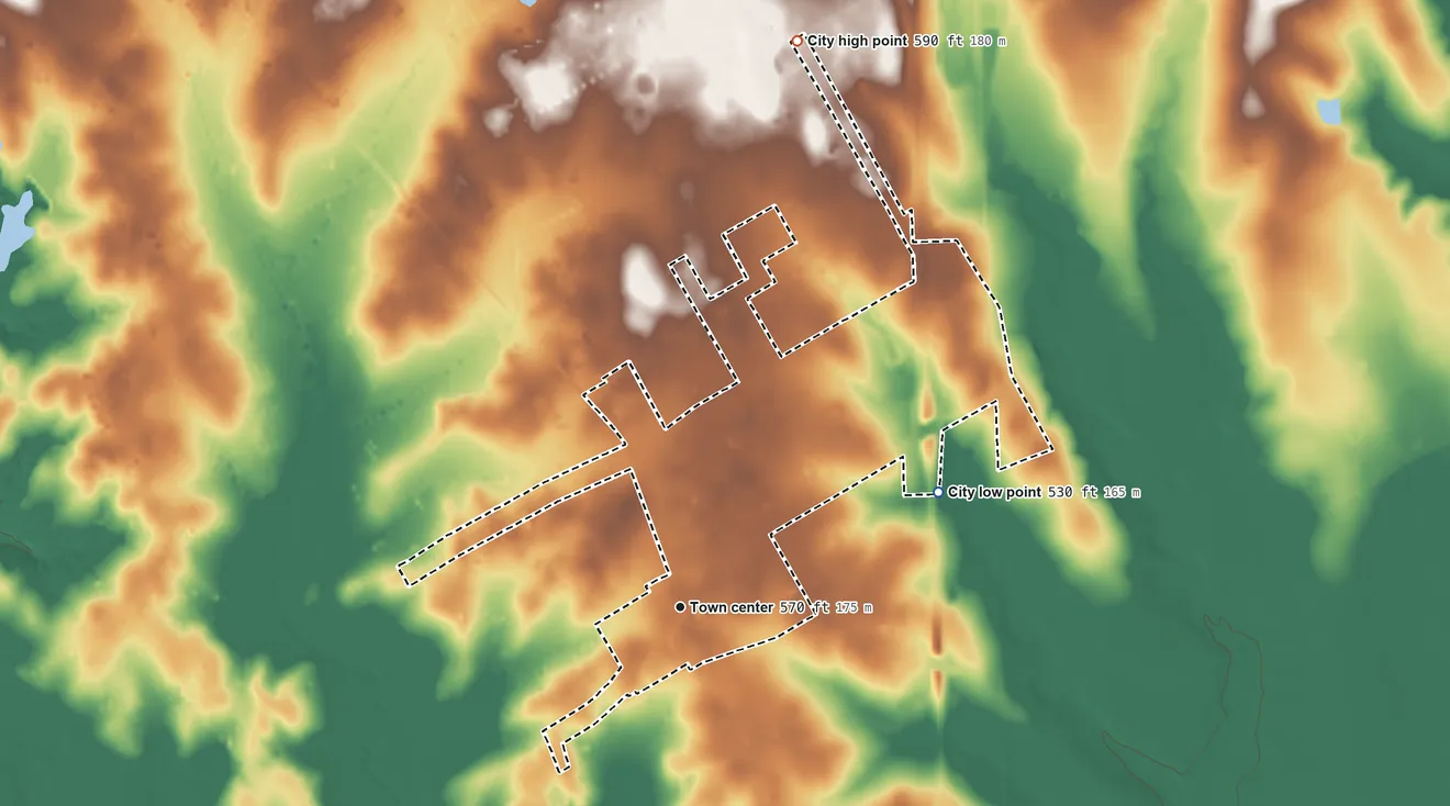 Topographic elevation map of Ross, Texas, shaded from 530 ft on the northeast side to 590 ft on the north side