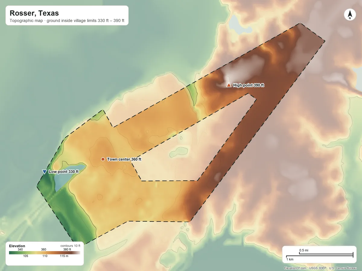 Topographic elevation map of Rosser, Texas, shaded from 330 ft on the west side to 390 ft on the northeast side