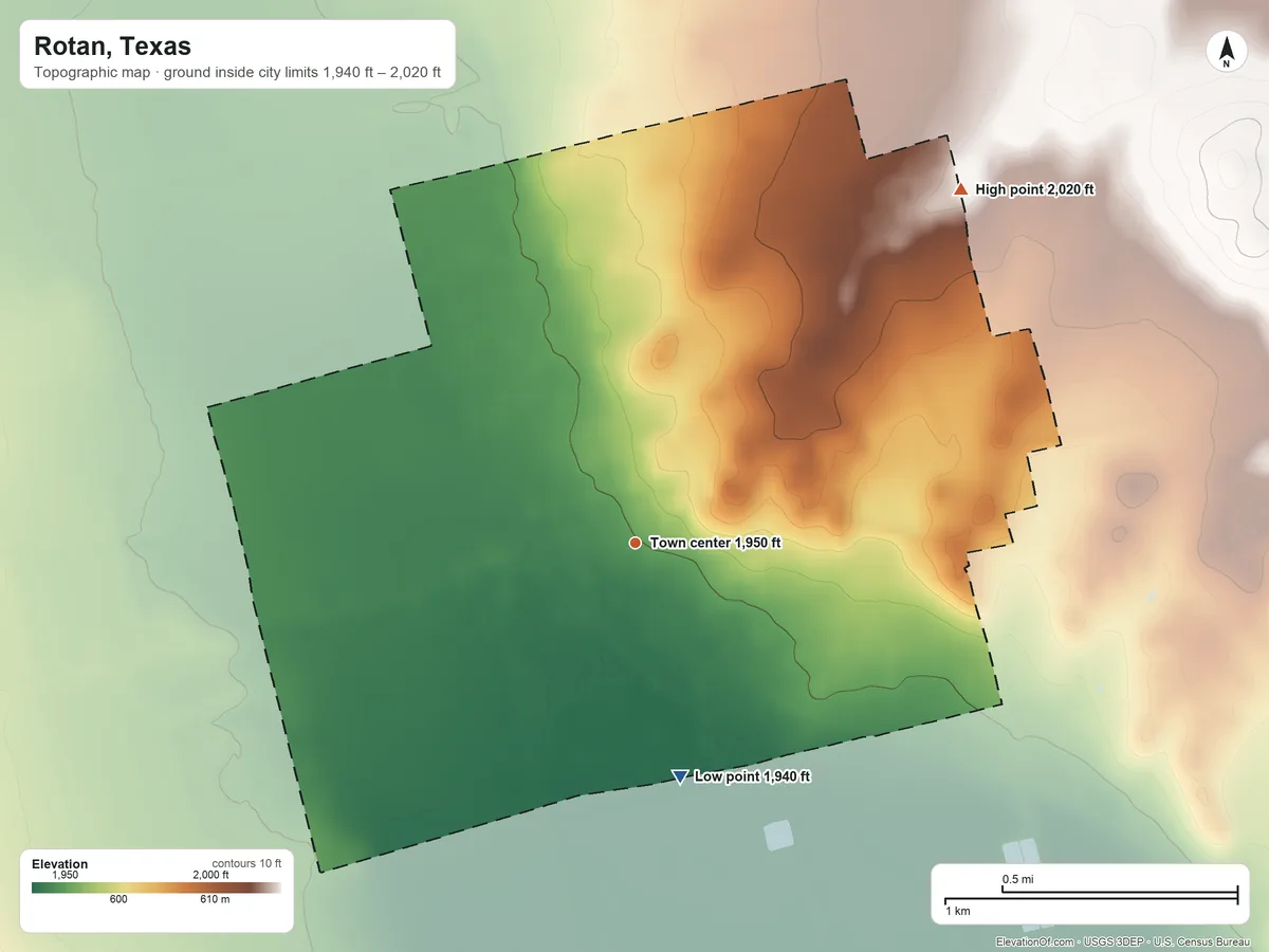 Topographic elevation map of Rotan, Texas, shaded from 1,940 ft on the south side to 2,020 ft on the northeast side