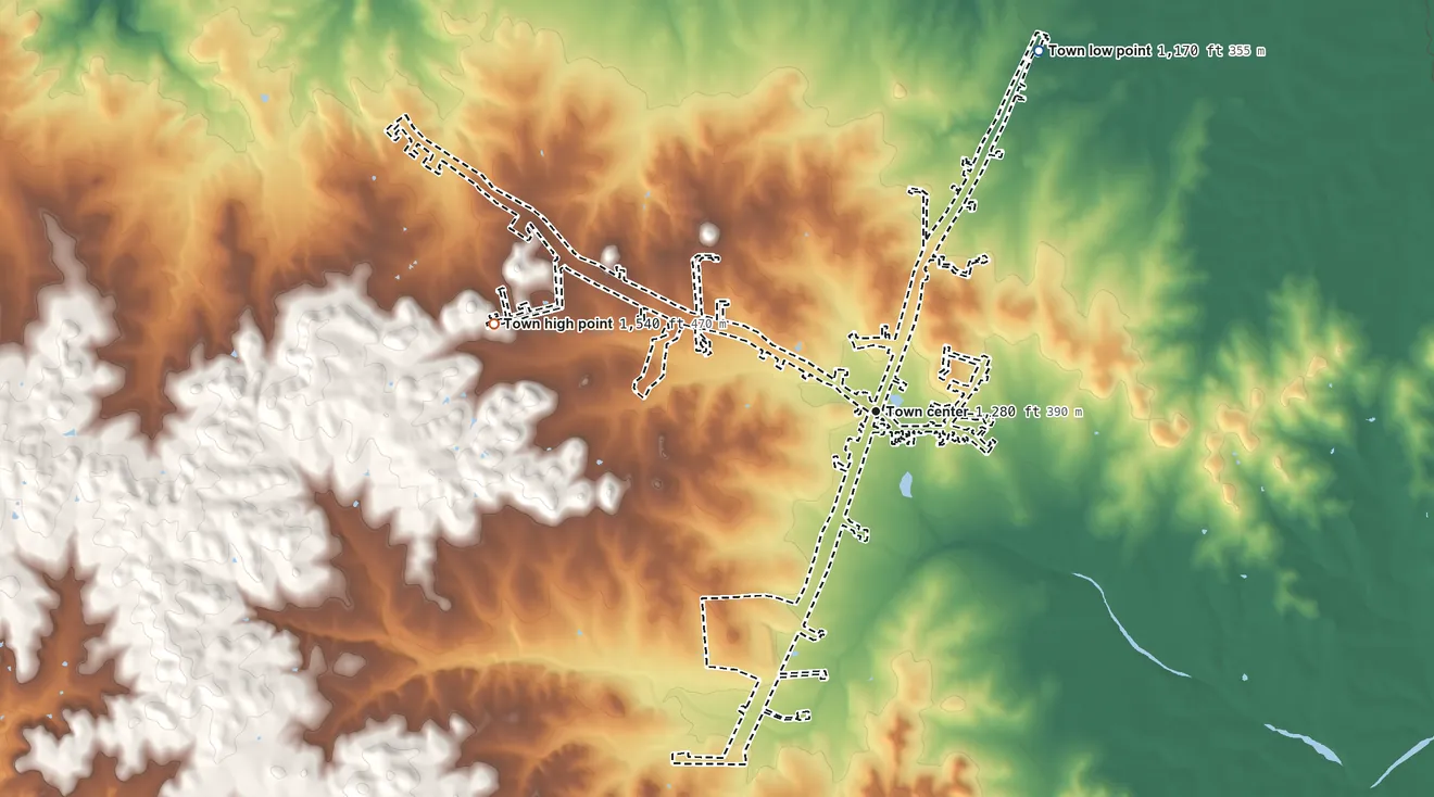 Topographic elevation map of Round Mountain, Texas, shaded from 1,170 ft on the northeast side to 1,540 ft on the west side