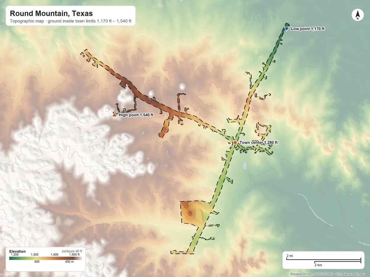 Topographic elevation map of Round Mountain, Texas, shaded from 1,170 ft on the northeast side to 1,540 ft on the west side