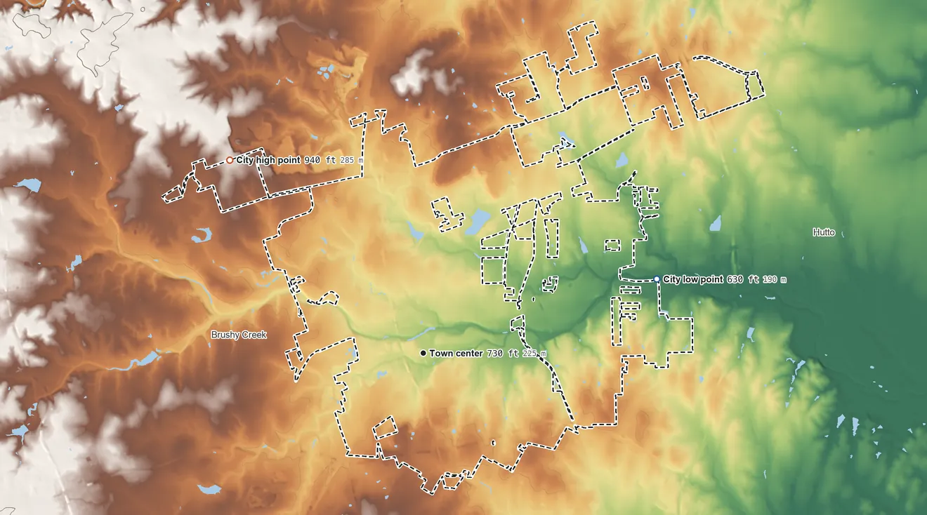 Topographic elevation map of Round Rock, Texas, shaded from 630 ft on the east side to 940 ft on the northwest side