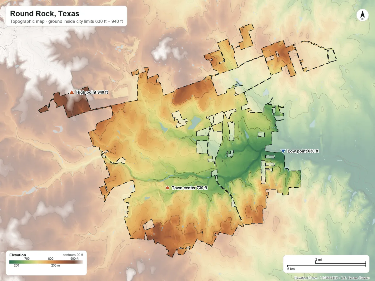 Topographic elevation map of Round Rock, Texas, shaded from 630 ft on the east side to 940 ft on the northwest side