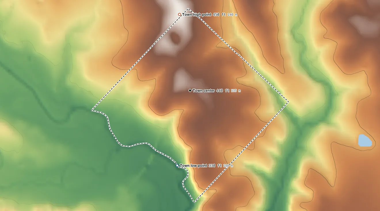 Topographic elevation map of Round Top, Texas, shaded from 330 ft on the south side to 450 ft on the north side