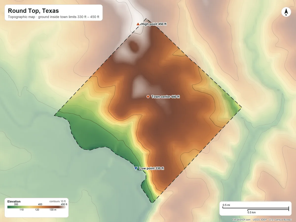 Topographic elevation map of Round Top, Texas, shaded from 330 ft on the south side to 450 ft on the north side