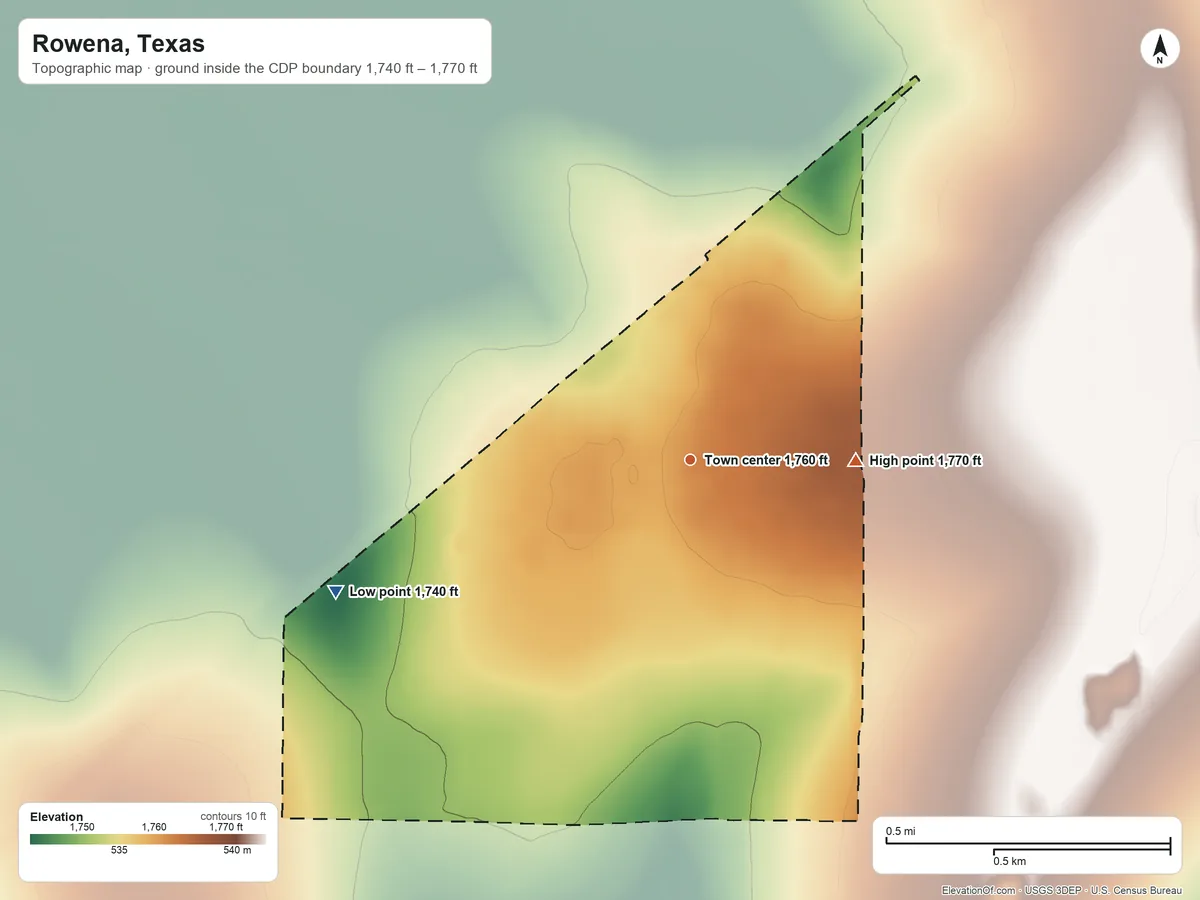 Topographic elevation map of Rowena, Texas, shaded from 1,740 ft on the west side to 1,770 ft on the east side