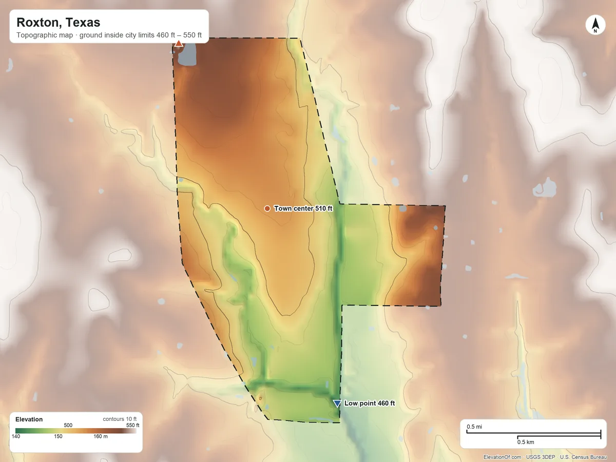 Topographic elevation map of Roxton, Texas, shaded from 460 ft on the south side to 550 ft on the northwest side