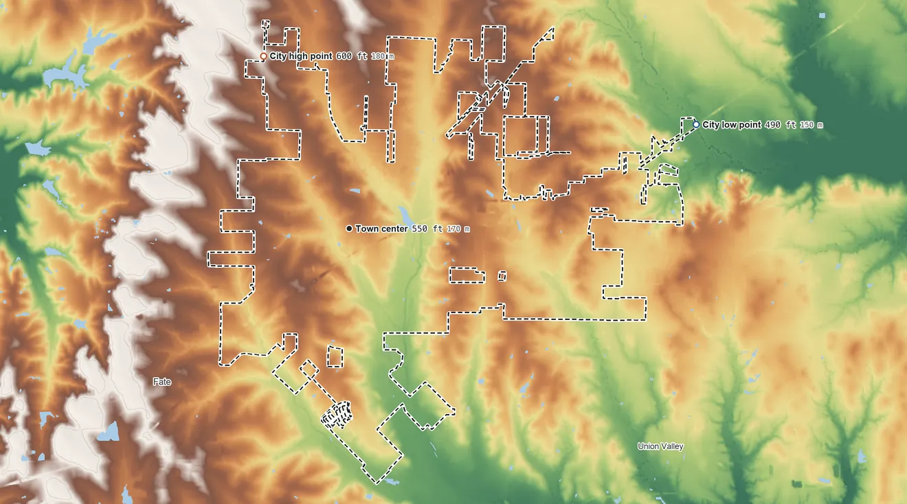 Topographic elevation map of Royse City, Texas, shaded from 490 ft on the east side to 600 ft on the northwest side