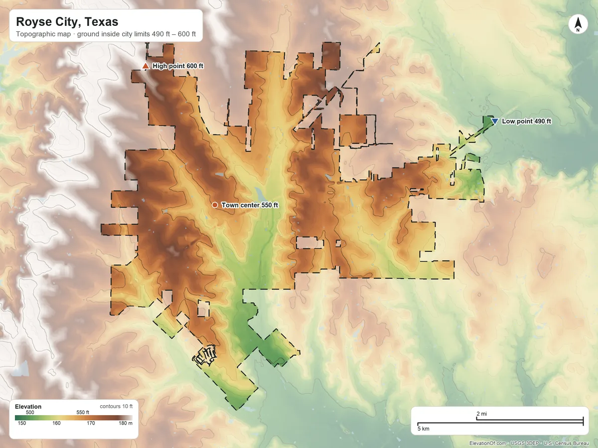 Topographic elevation map of Royse City, Texas, shaded from 490 ft on the east side to 600 ft on the northwest side