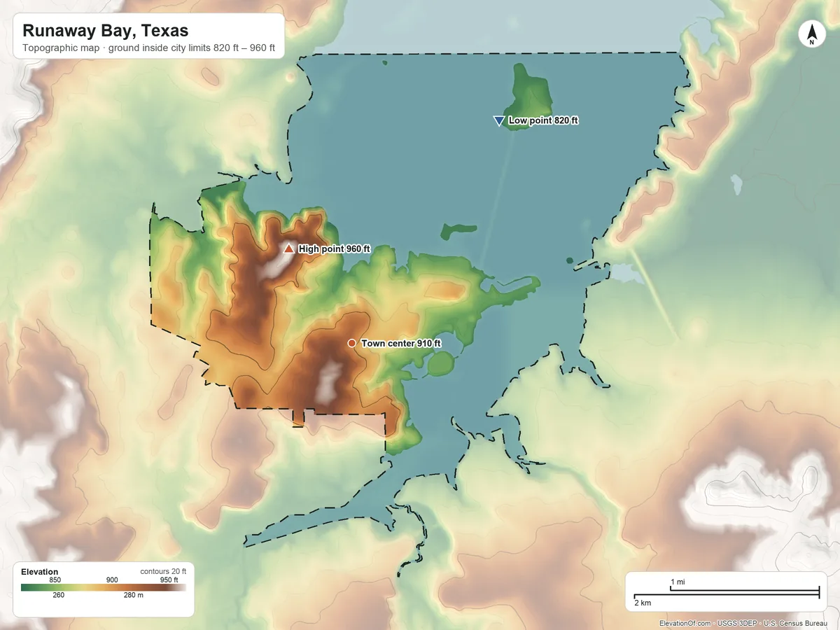 Topographic elevation map of Runaway Bay, Texas, shaded from 820 ft on the northeast side to 960 ft on the northwest side
