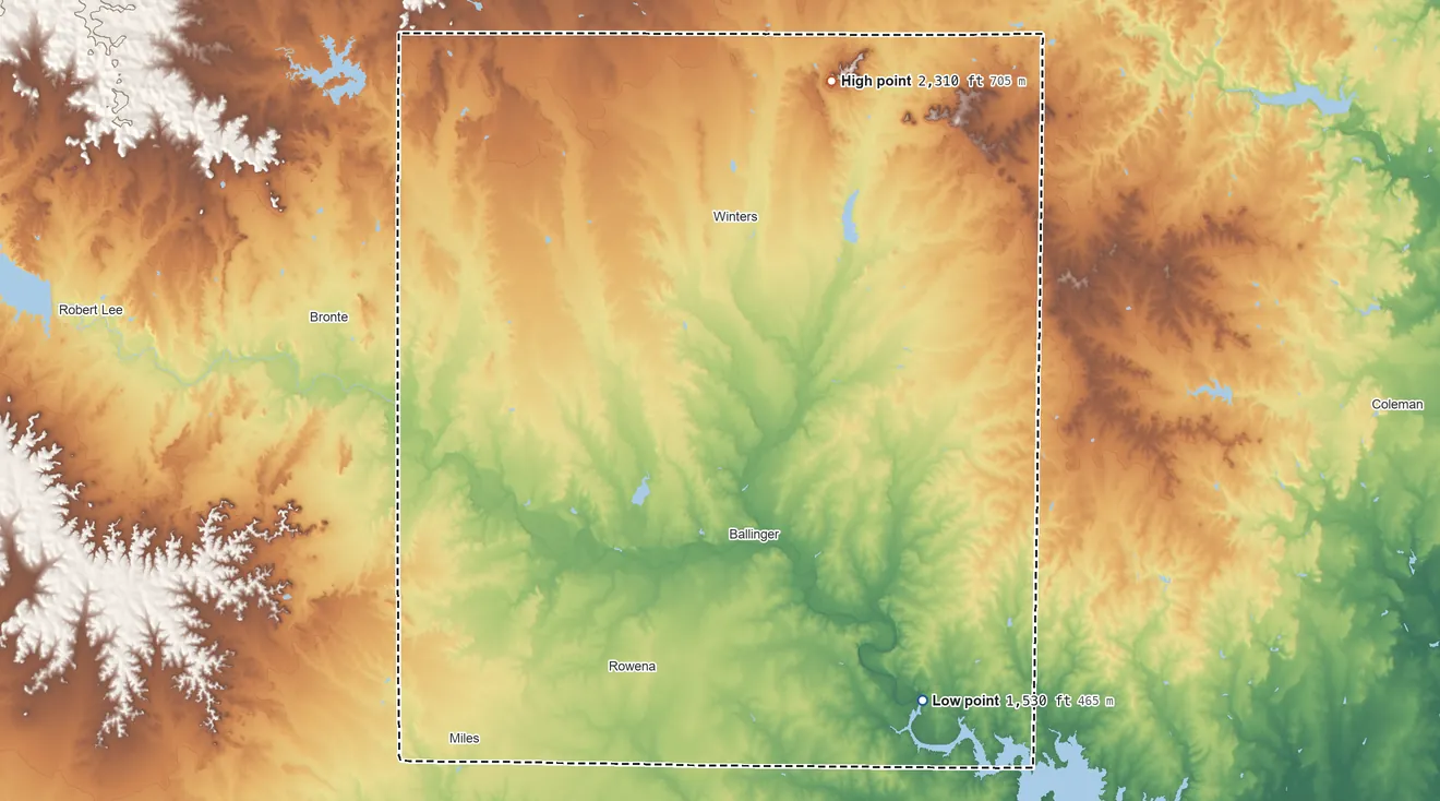 Topographic elevation map of Runnels County, Texas, shaded from 1,530 ft on the southeast side to 2,310 ft on Moro Mountain