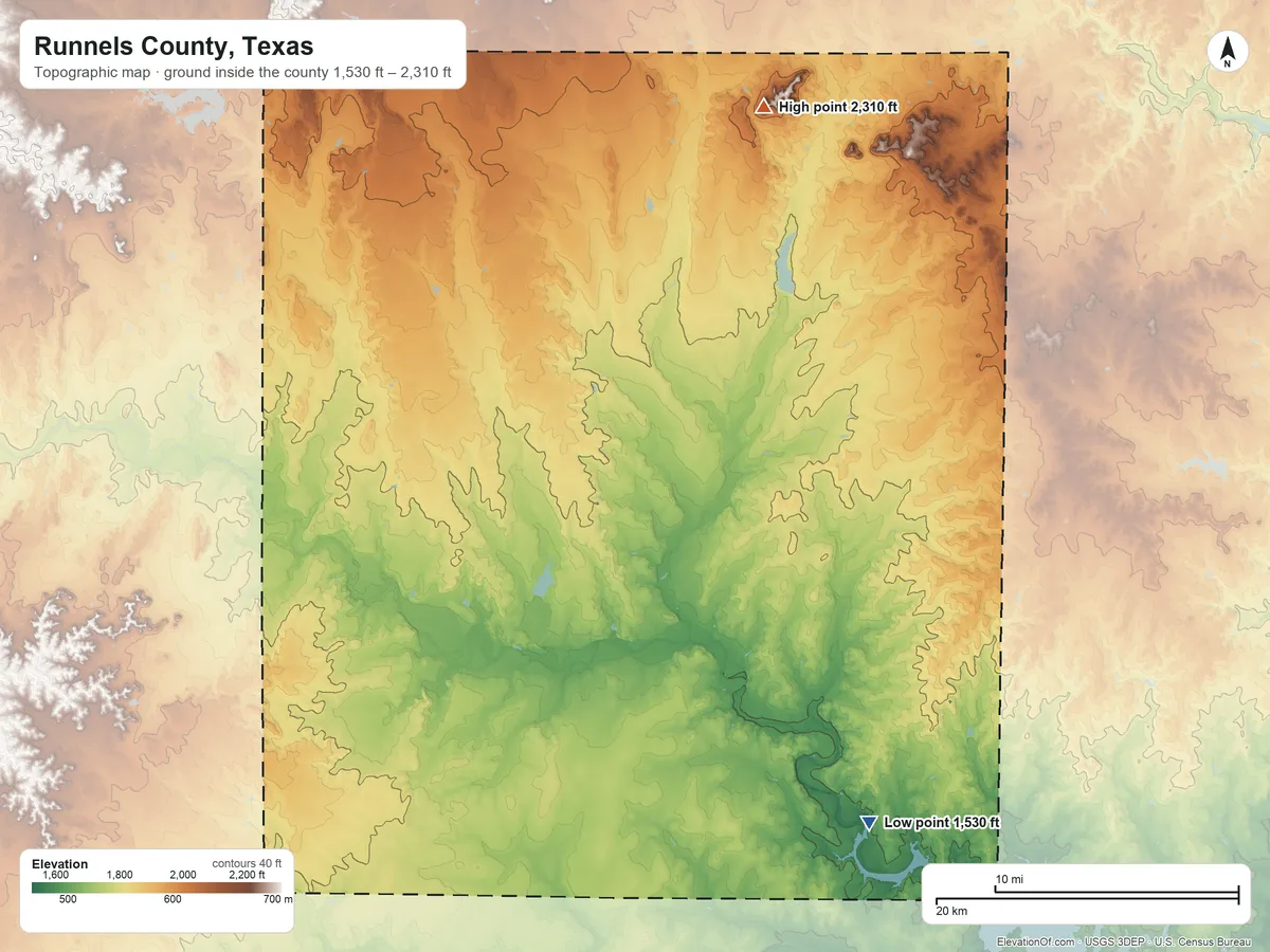 Topographic elevation map of Runnels County, Texas, shaded from 1,530 ft on the southeast side to 2,310 ft on Moro Mountain