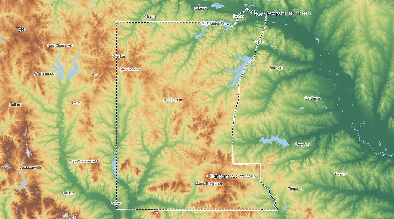 Topographic elevation map of Rusk County, Texas, shaded from 220 ft on the northeast side to 720 ft on the south side