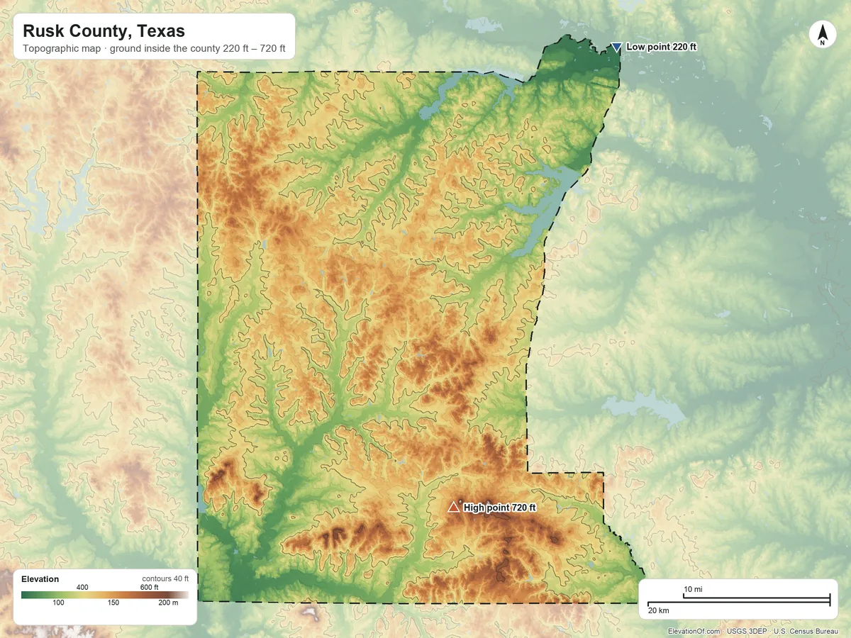 Topographic elevation map of Rusk County, Texas, shaded from 220 ft on the northeast side to 720 ft on the south side